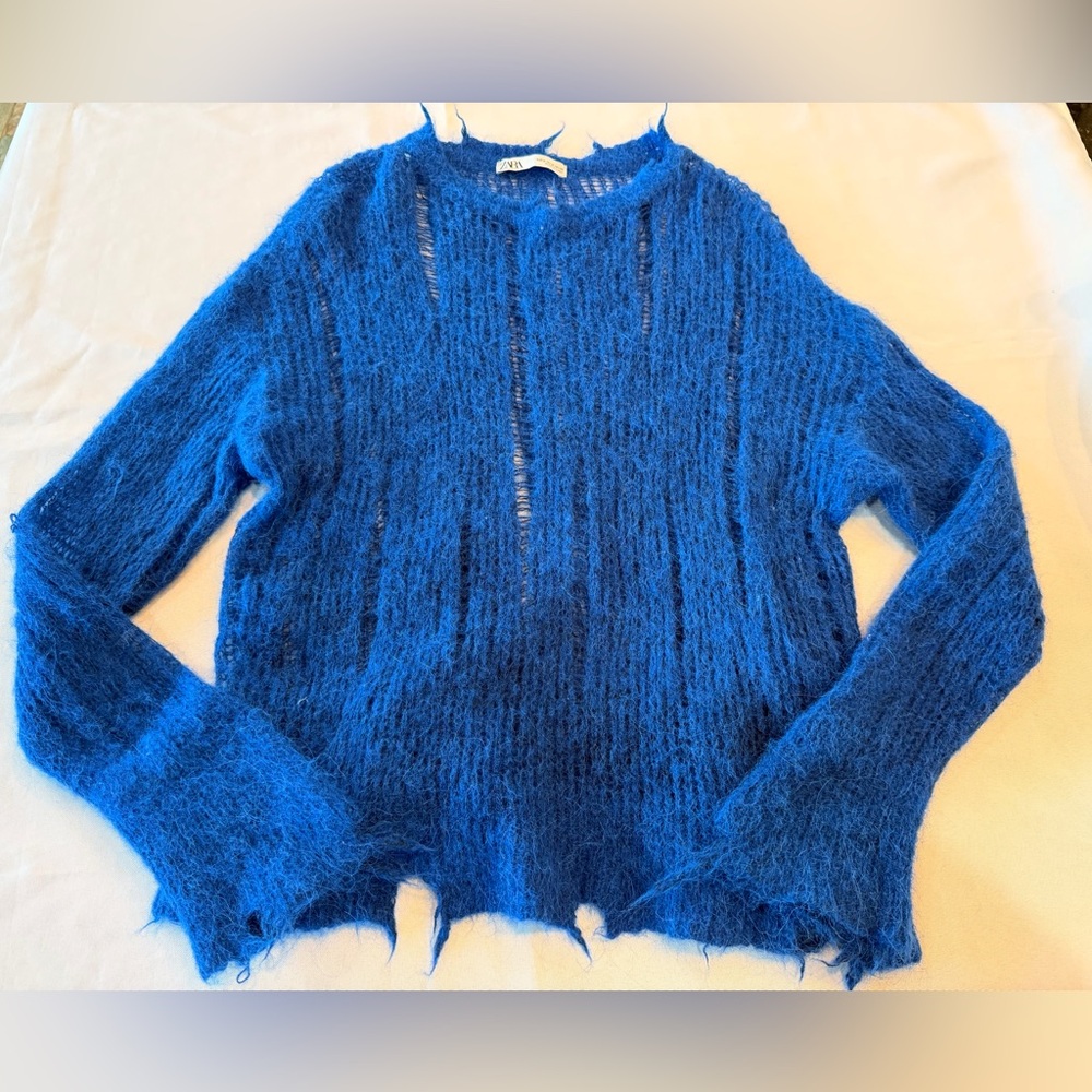 Zara Electric Blue Mohair Blend Distressed Textured Sweater Size Medium